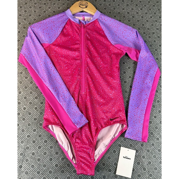 Nike Other - Nike Girls Long Sleeve One-Piece Swimsuit Pink Purple Water Dots Size L (14/16)